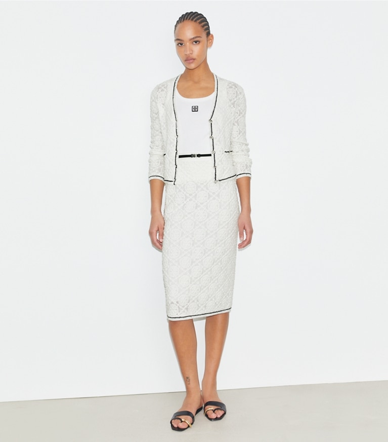 Tory Burch designer sweaters Cotton Logo Lace Cardigan in White front