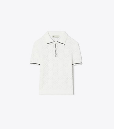 Tory Burch designer セーター コットンレース ポロトップス in White front