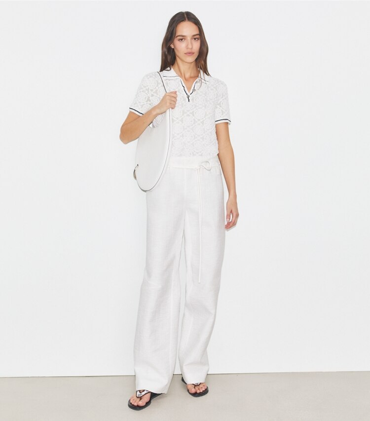Tory Burch designer セーター コットンレース ポロトップス in White モデル前面