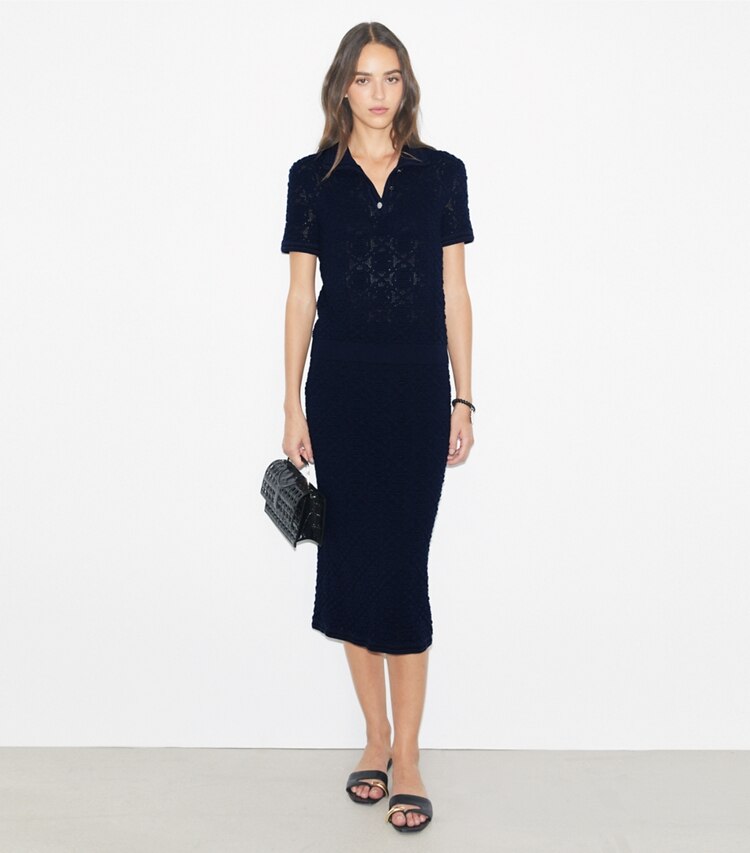 Tory Burch designer ボトムス ロゴ レーススカート in Dark Sea Navy モデル前面