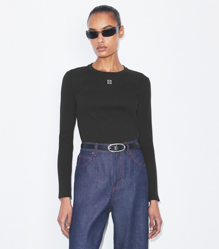 Tory Burch designer tops Cotton Logo Top in Black front