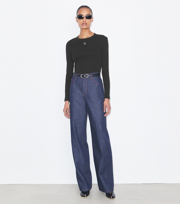 Tory Burch designer tops Cotton Logo Top in Black on model front