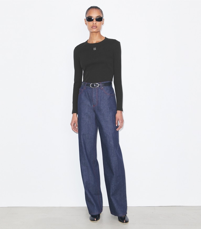 Tory Burch designer tops Cotton Logo Top in Black front