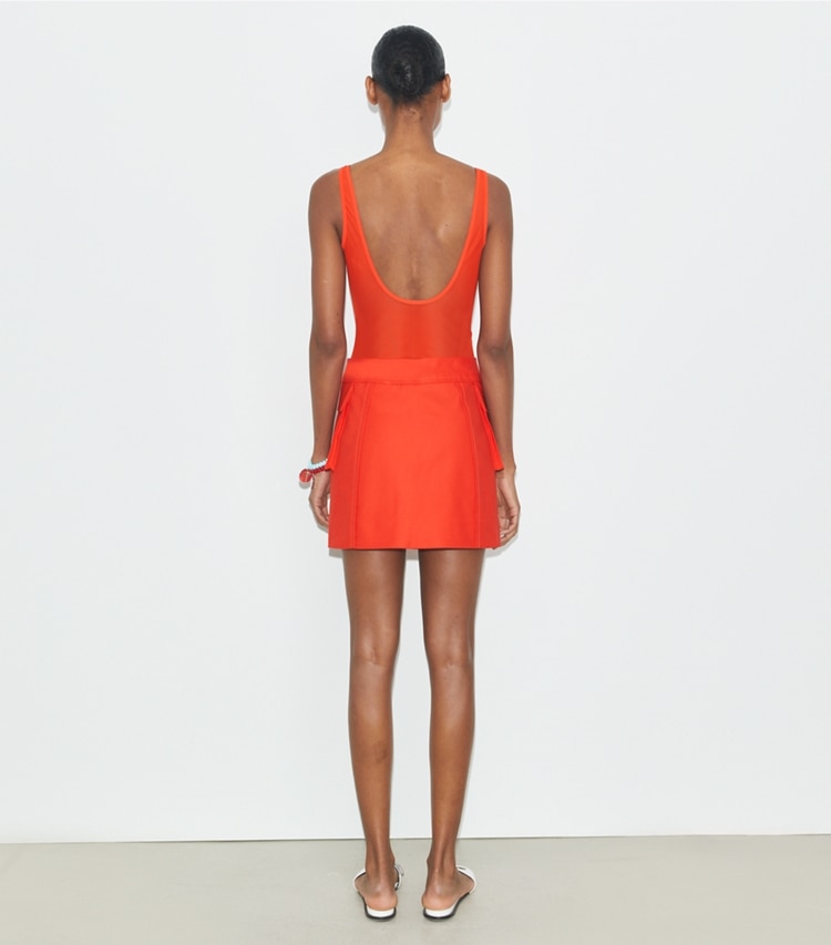 Tory Burch designer bottoms Cotton Mini Skirt in Blazing Red on model back