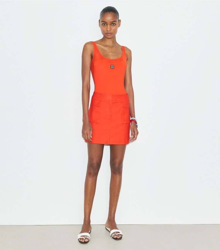 Tory Burch designer bottoms Cotton Mini Skirt in Blazing Red on model front