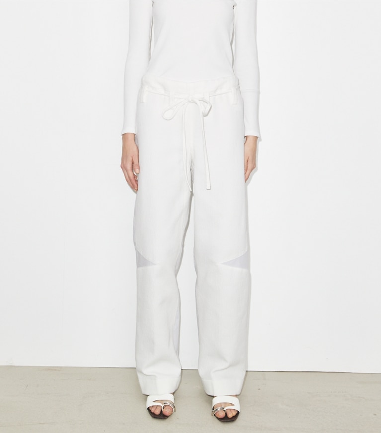Tory Burch designer bottoms Cotton Pant in Marshmallow on model detail