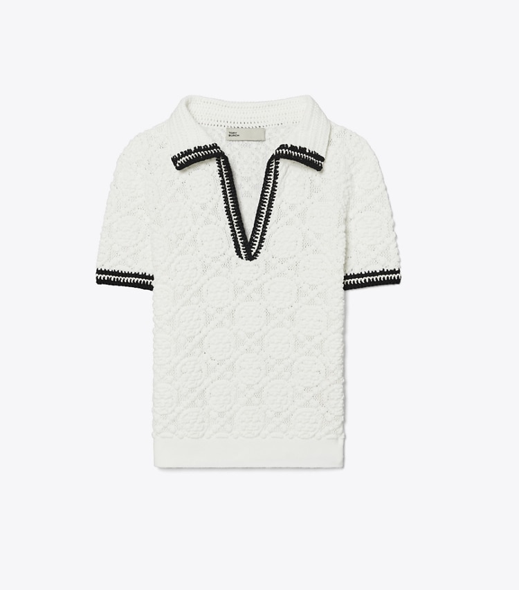 Tory Burch designer tops Cotton Pointelle Knitted Polo Shirt in White front