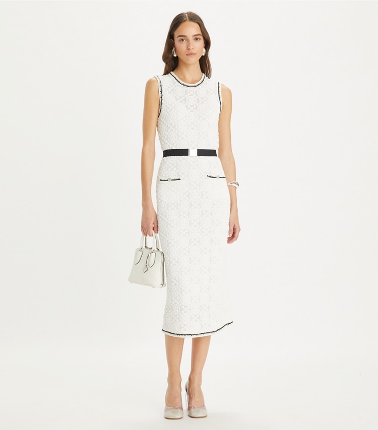 Tory Burch designer dresses Cotton Pointelle Knitted Tank Dress in White on model front