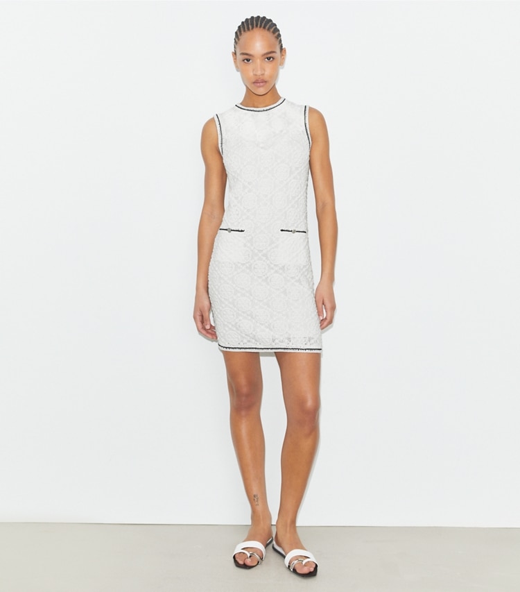 Tory Burch designer dresses Cotton Pointelle Knitted Tank Dress in White on model front