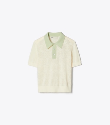 Tory Sport designer sweaters Cotton Pointelle Logo Polo in NEW IVORY / Light Peppermint front