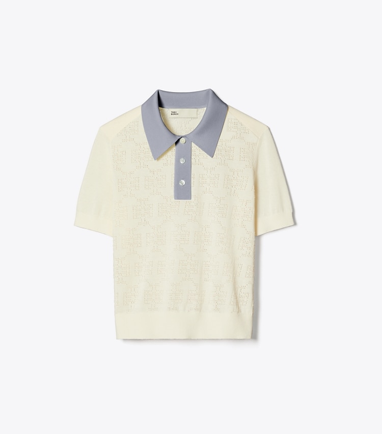 Tory Sport designer sweaters Cotton Pointelle Logo Polo in NEW IVORY / Lilac Whisper front