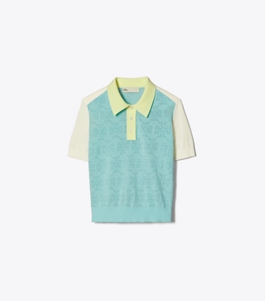 Tory Sport designer sweaters Cotton Pointelle Logo Polo in Pastel Sky / NEW IVORY front