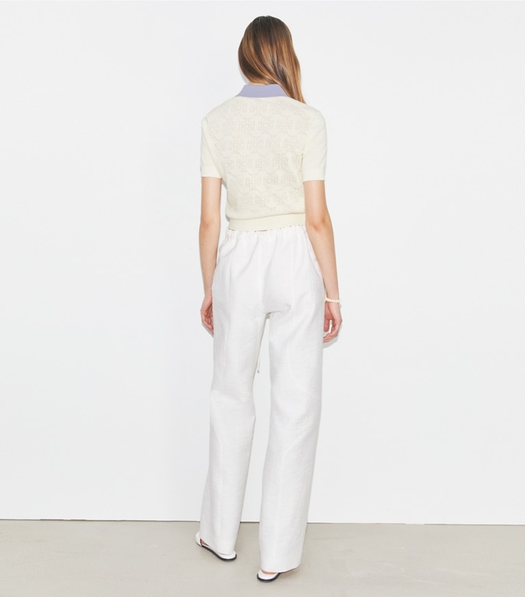 Tory Sport designer sweaters Cotton Pointelle Logo Polo in NEW IVORY / Lilac Whisper front