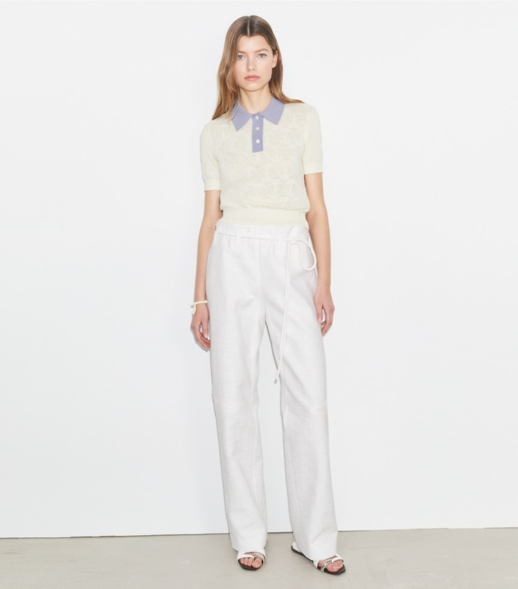 Tory Sport designer sweaters Cotton Pointelle Logo Polo in NEW IVORY / Lilac Whisper on model front
