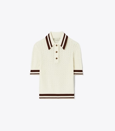 Tory Sport designer セーター コットン ポインテール ポロシャツ in New Ivory / Dark Sangria front