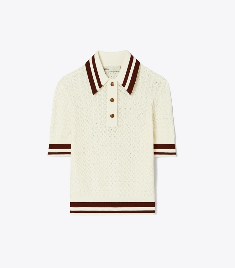 Tory Sport designer セーター コットン ポインテール ポロシャツ in New Ivory / Dark Sangria front