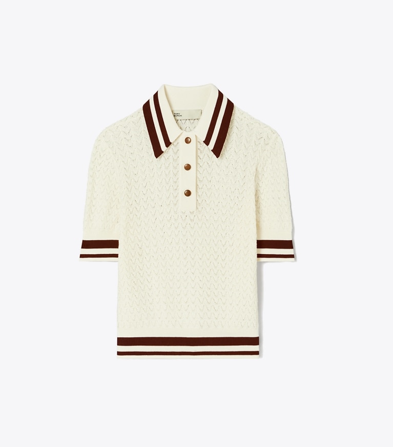 Tory Sport designer セーター コットン ポインテール ポロシャツ in New Ivory / Dark Sangria front