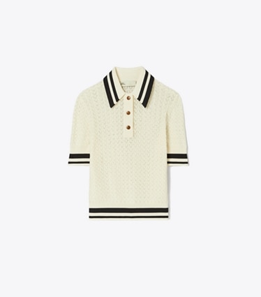 Tory Sport designer sweaters Cotton Pointelle Polo in New Ivory / Black front