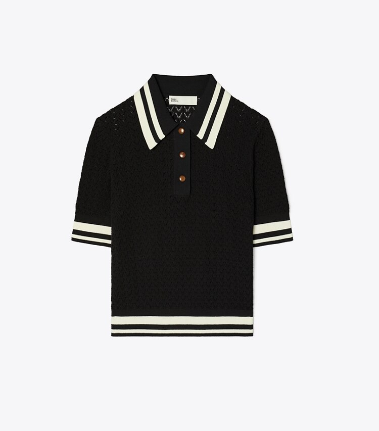 Tory Sport designer セーター コットン ポインテール ポロシャツ in Black / New Ivory front