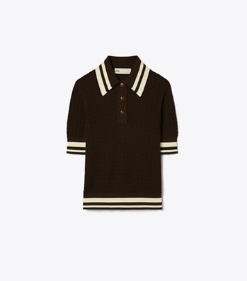 Tory Sport designer sweaters Cotton Pointelle Polo in Boba Brown / New Ivory front
