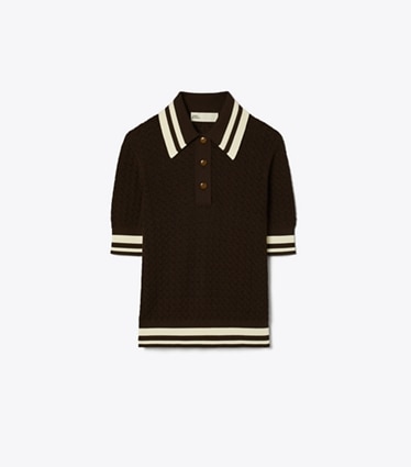 Tory Sport designer sweaters Cotton Pointelle Polo in Boba Brown / New Ivory front