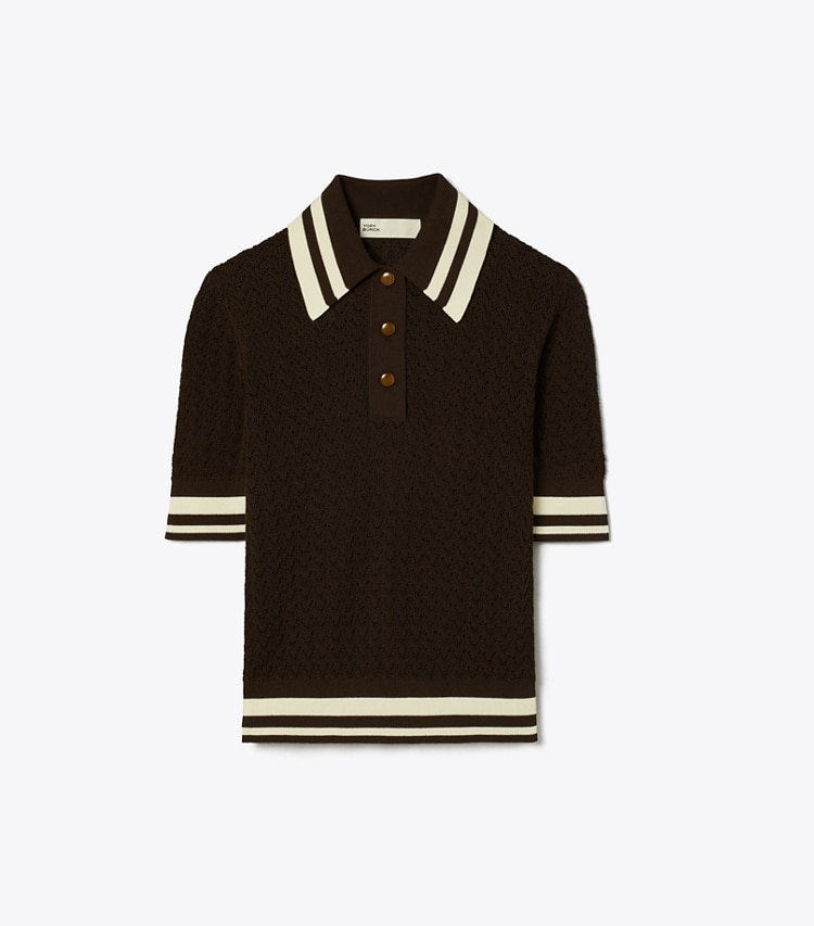 Tory Sport designer sweaters Cotton Pointelle Polo in Boba Brown / New Ivory front