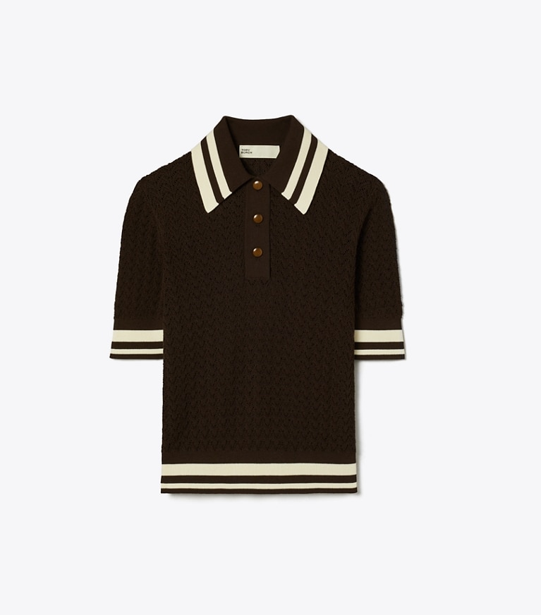 Tory Sport designer sweaters Cotton Pointelle Polo in Boba Brown / New Ivory front