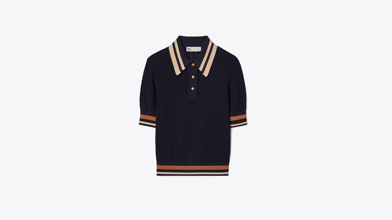 Gucci Navy Blue and White Monogram Jacquard Knit Polo T-Shirt L