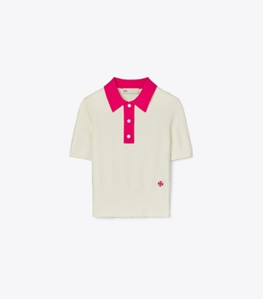 Tory Burch designer セーター コットン ポインテール ポロセーター in NEW IVORY / Bold Pink front