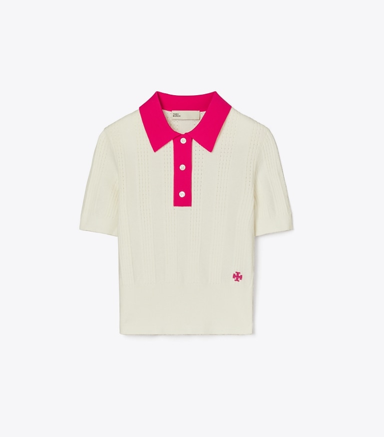 Tory Burch designer sweaters Cotton Pointelle Polo in NEW IVORY / Bold Pink front