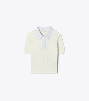Tory Burch designer セーター コットン ポインテール ポロセーター in NEW IVORY / Light Blue front