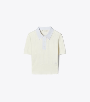 Tory Burch designer セーター コットン ポインテール ポロセーター in NEW IVORY / Light Blue front