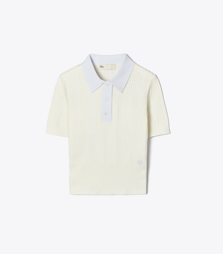 Tory Burch designer セーター コットン ポインテール ポロセーター in NEW IVORY / Light Blue front