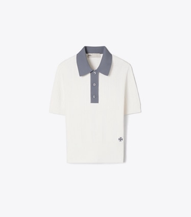 Tory Burch designer セーター コットン ポインテール ポロセーター in IVORY/ SLATE CLOUD front