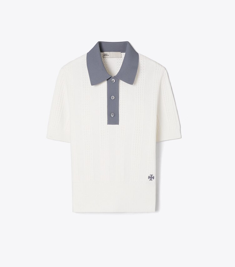 Tory Burch designer セーター コットン ポインテール ポロセーター in IVORY/ SLATE CLOUD front