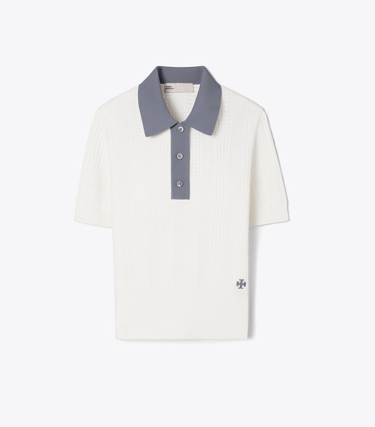 Tory Burch designer セーター コットン ポインテール ポロセーター in IVORY/ SLATE CLOUD front