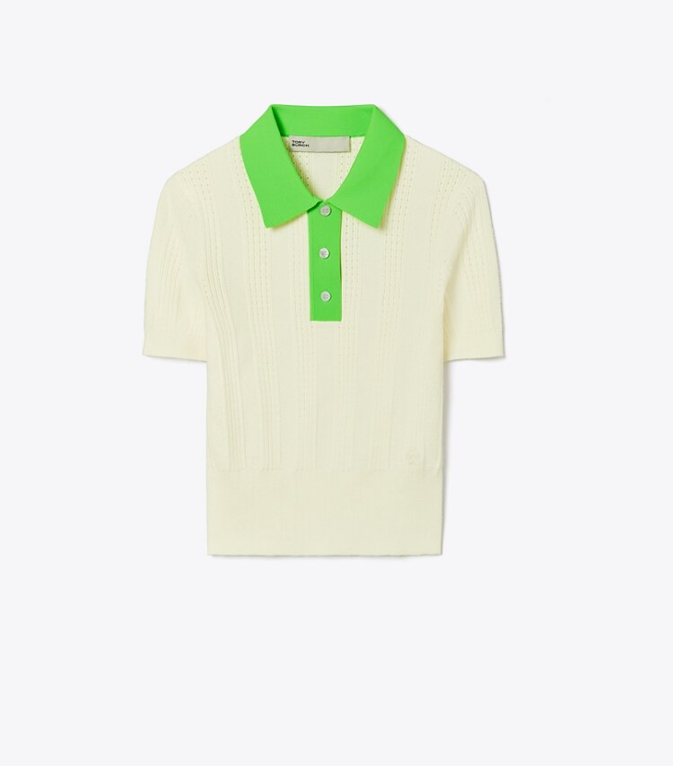 Tory Sport designer セーター コットン ポインテール ポロセーター in NEW IVORY / Vibrant Green front