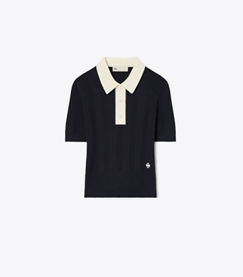 Tory Burch designer sweaters Cotton Pointelle Polo in Medium Navy / New Ivory front