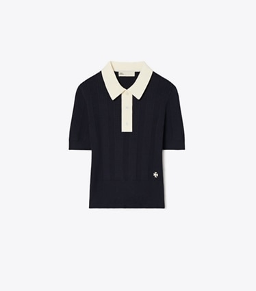 Tory Burch designer sweaters Cotton Pointelle Polo in Medium Navy / New Ivory front
