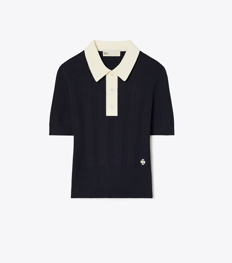 Tory Sport designer sweaters Cotton Pointelle Polo in Medium Navy / New Ivory front
