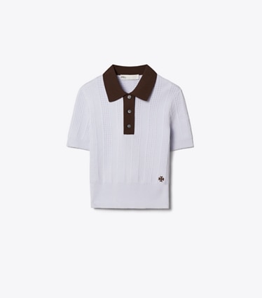 Tory Burch designer sweaters Cotton Pointelle Polo in FLORAL FIELD BLUE / 70'S BOTANICAL BROWN front