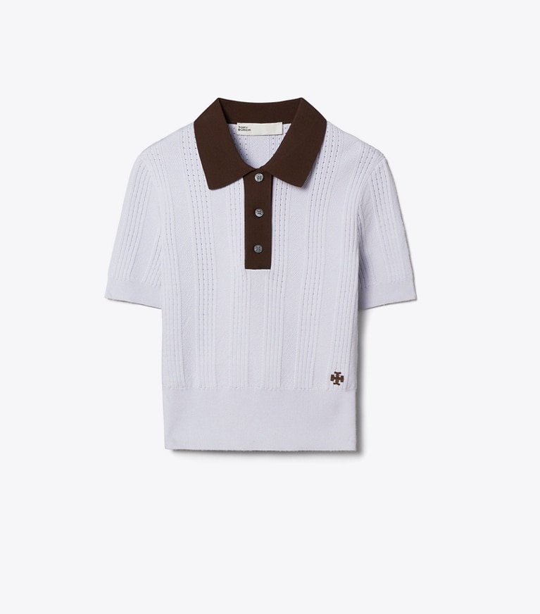 Tory Burch designer sweaters Cotton Pointelle Polo in FLORAL FIELD BLUE / 70'S BOTANICAL BROWN front