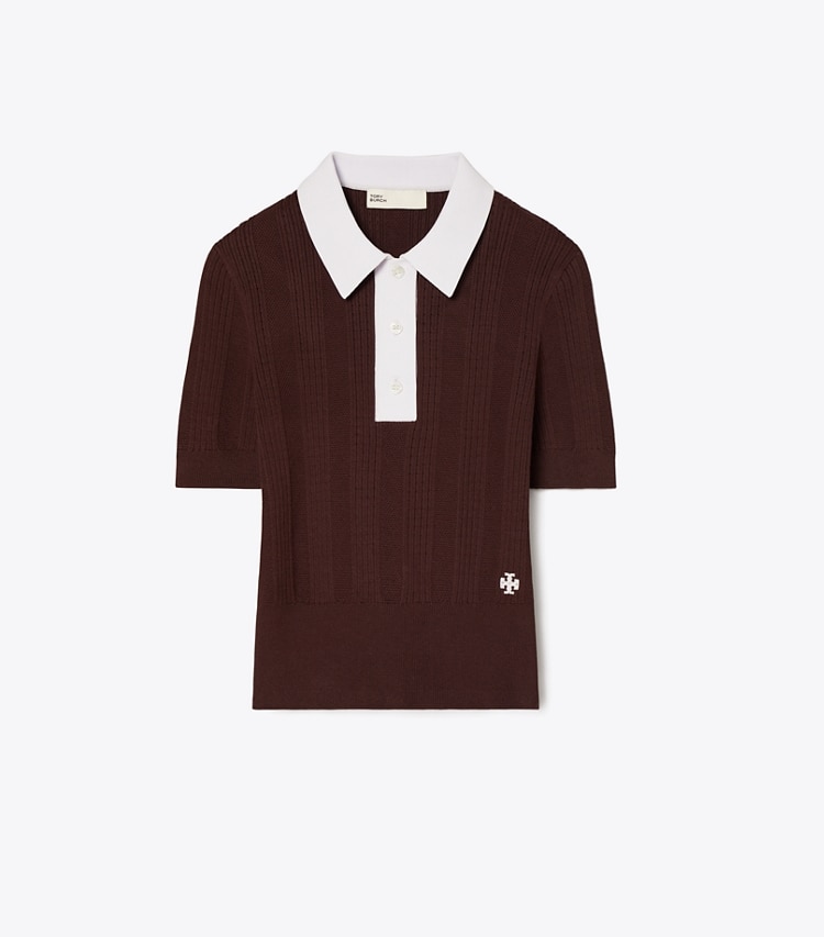 Tory Burch designer sweaters Cotton Pointelle Polo in Dark Winterberry / Pale Thistle front