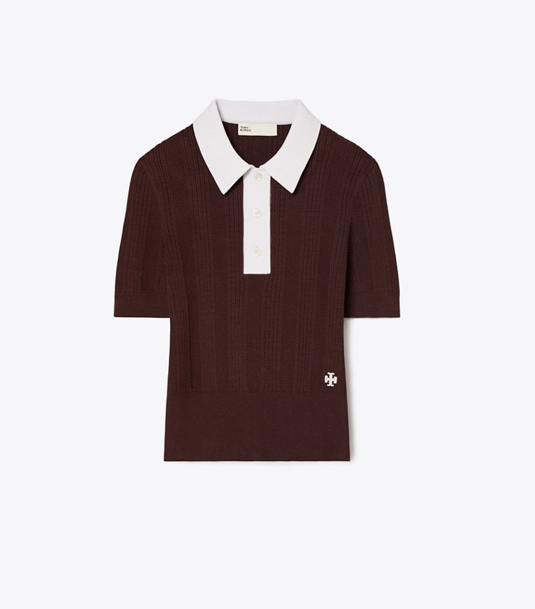 Tory Burch designer sweaters Cotton Pointelle Polo in Dark Winterberry / Pale Thistle front