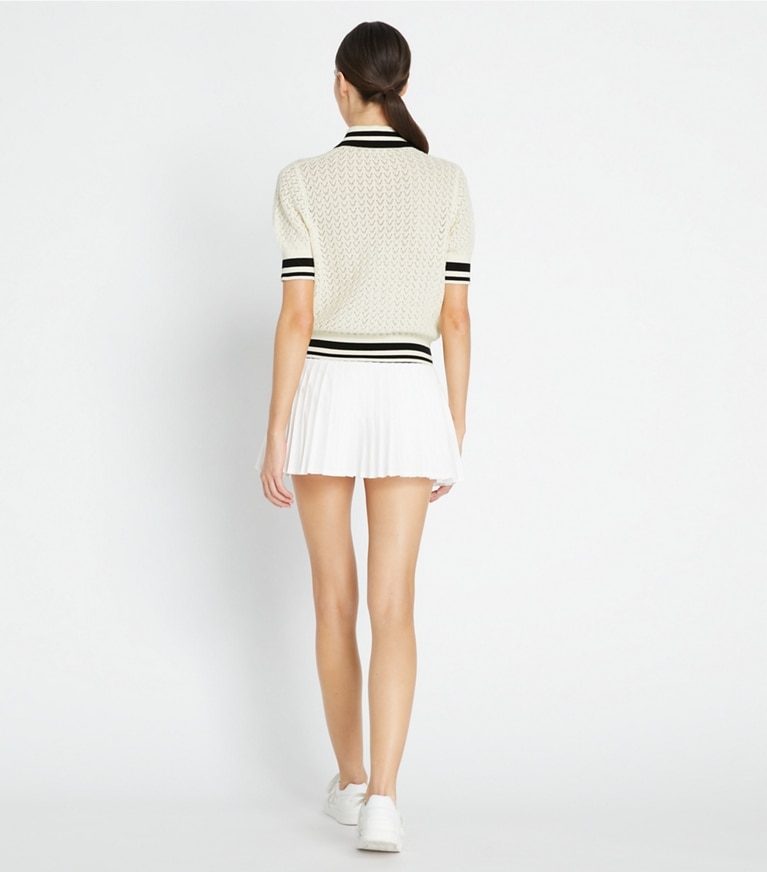 Tory Sport designer sweaters Cotton Pointelle Polo in New Ivory / Black front