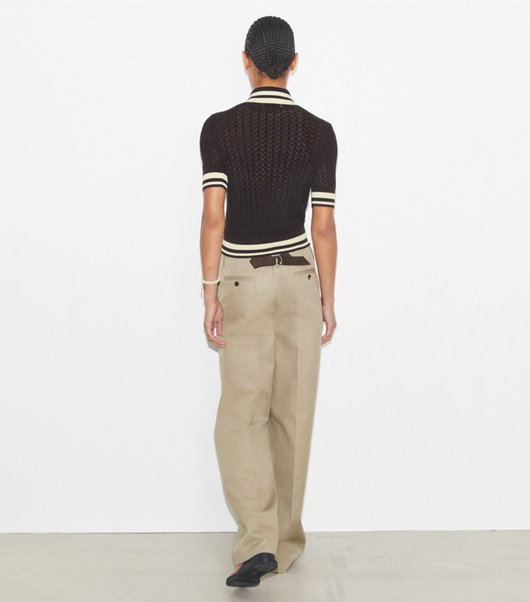 Tory Sport designer sweaters Cotton Pointelle Polo in Boba Brown / New Ivory front