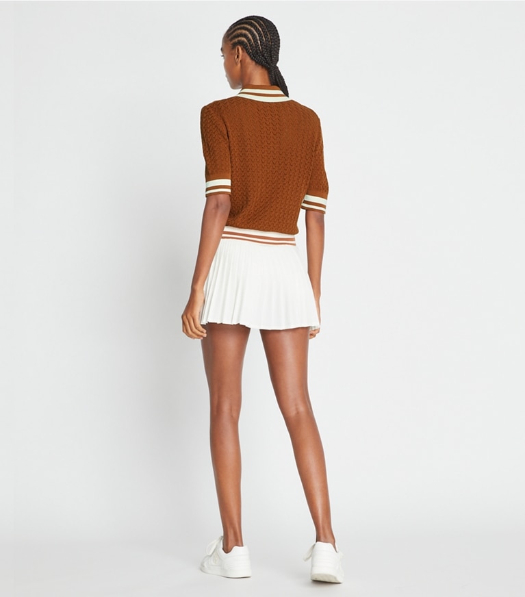Tory Sport designer sweaters Cotton Pointelle Polo in Cinnamon Sugar / NEW IVORY front