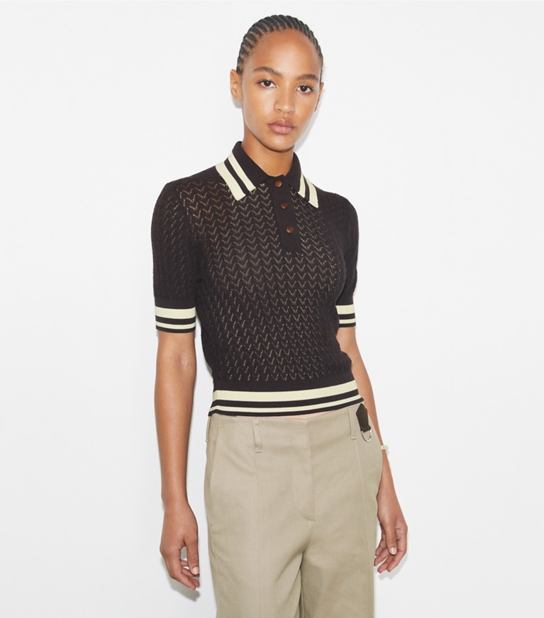 Tory Sport designer sweaters Cotton Pointelle Polo in Boba Brown / New Ivory front