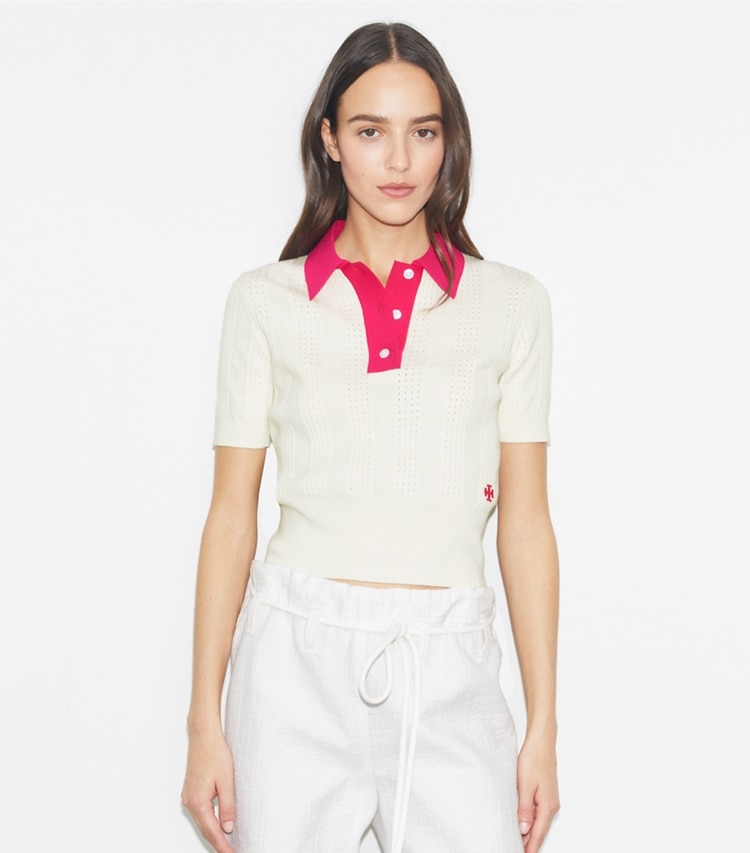 Tory Burch designer sweaters Cotton Pointelle Polo in NEW IVORY / Bold Pink on model detail