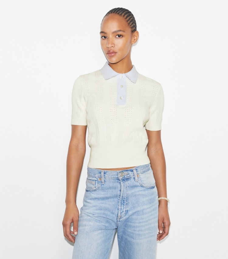 Tory Burch designer セーター コットン ポインテール ポロセーター in NEW IVORY / Light Blue on model detail